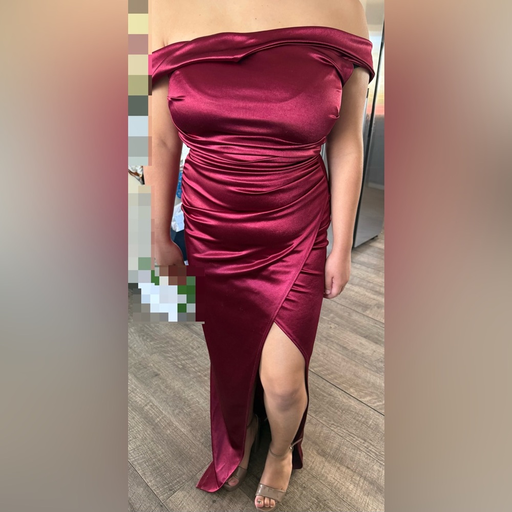 Windsor Off-Shoulder Satin High-Low Dress in Burgundy